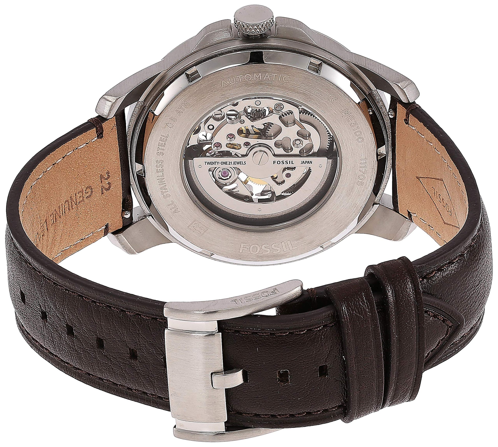 Fossil Grant Automatic Skeleton Black Dial Brown Leather Strap Watch for Men - ME3100