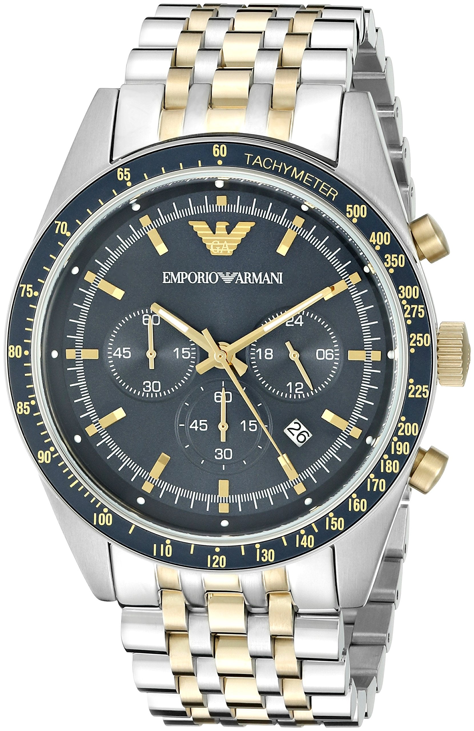 Emporio Armani Tazio Chronograph Blue Dial Two Tone Steel Strap Watch For Men - AR6088