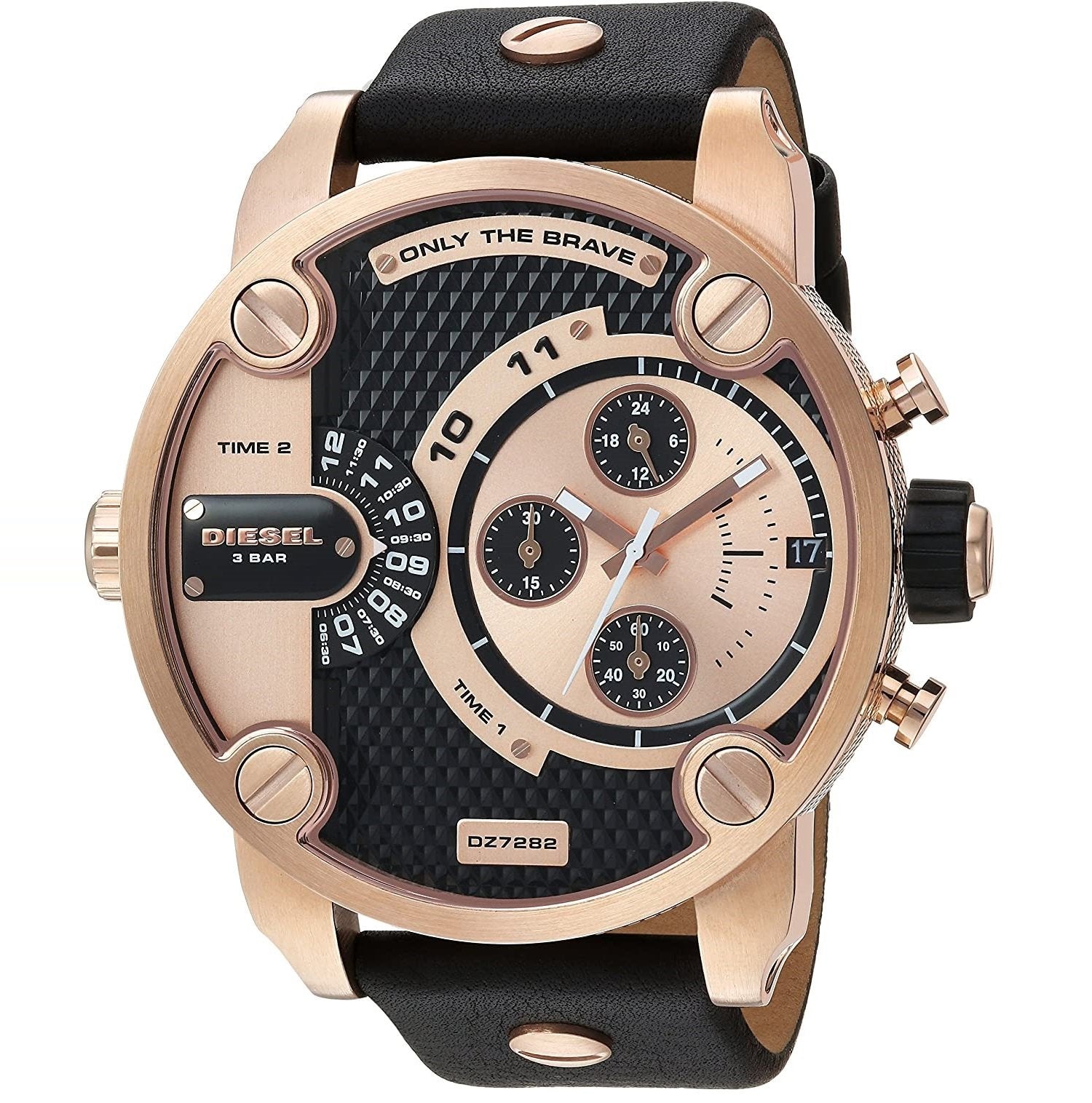 Diesel Little Daddy Black & Gold Dial Black Leather Watch For Men - DZ7282
