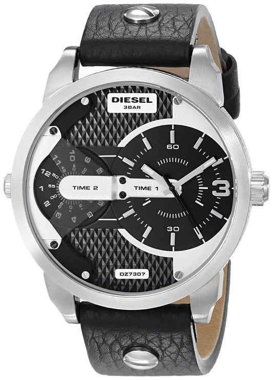 Diesel Mini Daddy Black Silver Dial Black Leather Strap Watch For Men - DZ7307
