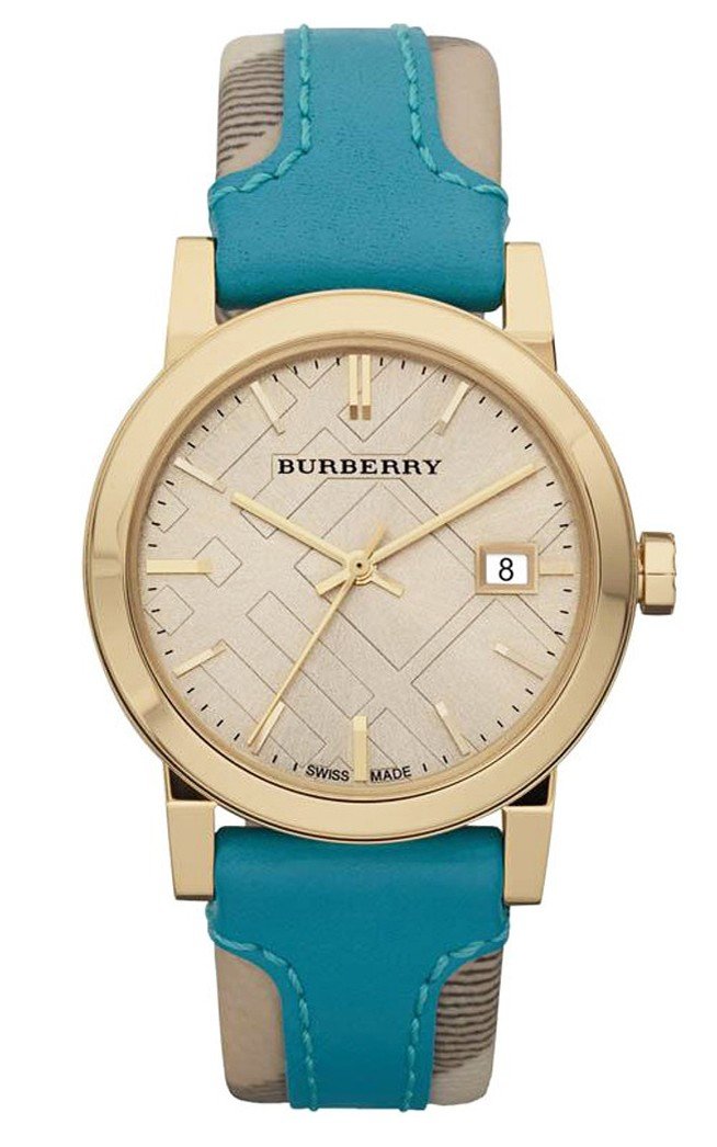 Burberry Heritage Gold Dial Blue Leather Strap Watch for Women - BU9112