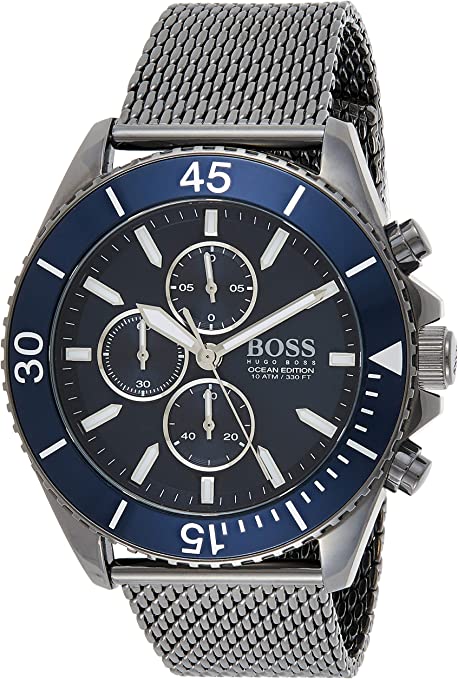 Hugo Boss Ocean Edition Chronograph Blue Dial Black Mesh Bracelet Watch for Men - 1513702