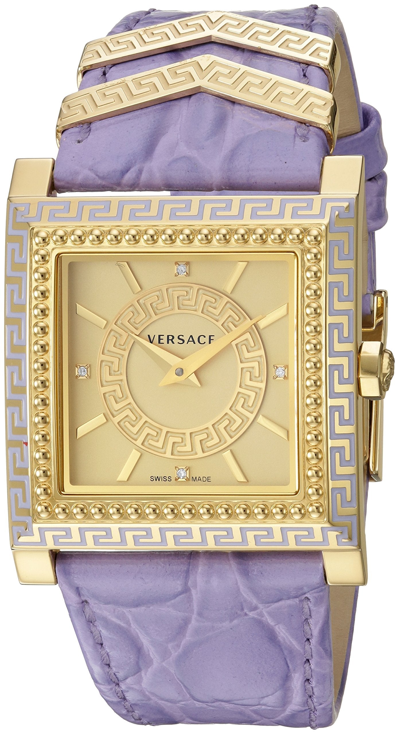 Versace Day Glam Chronograph Gold Dial Purple Leather Strap Watch for Women - VQF040015