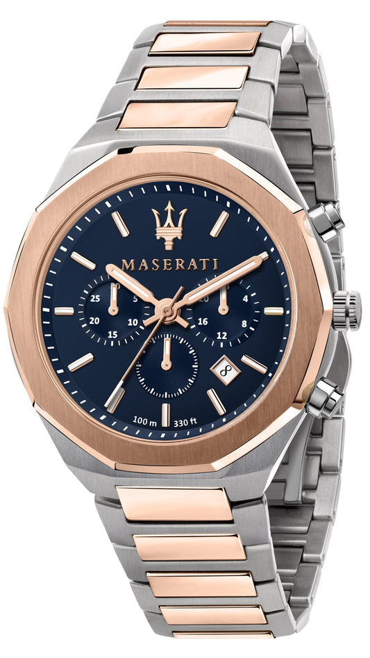 Maserati Stile Chronograph Blue Dial Rose Gold Two Tone Strap Watch For Men - R8873642002