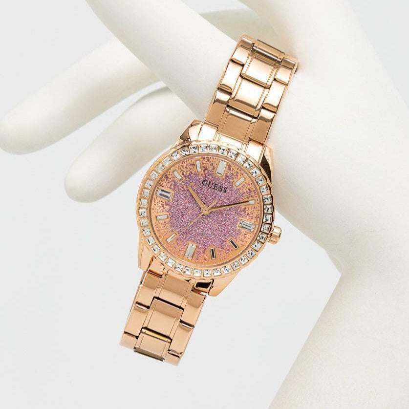 Guess Glitter Diamonds Pink Dial Rose Gold Steel Strap Watch for Women - GW0405L3