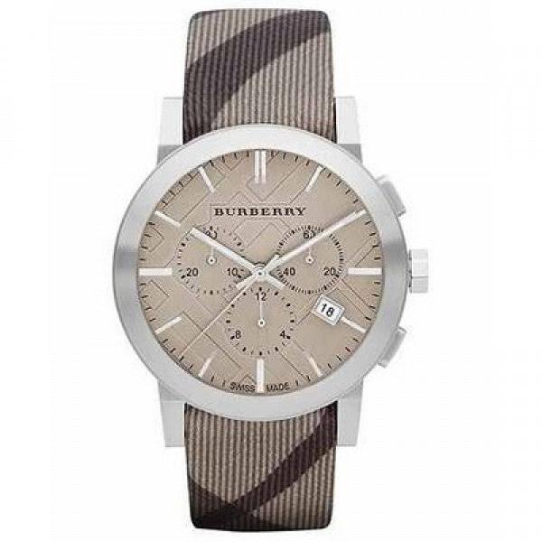 Burberry The City Smoke Beige Dial Checked Brown Leather Strap Watch for Men - BU9358