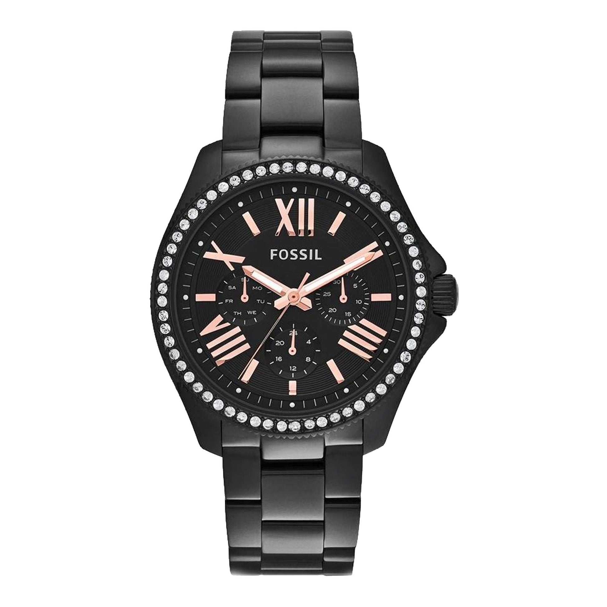 Fossil Cecile Multi Function Crystals Black Dial Black Steel Strap Watch for Women - AM4522