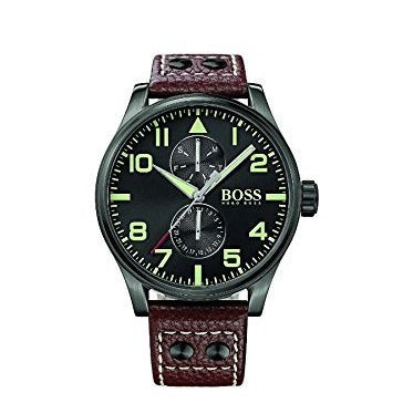 Hugo Boss Aeroliner Day Date Black Dial Brown Leather Strap Watch For Men - HB1513079