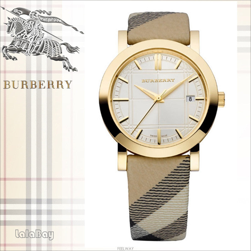 Burberry Heritage Gold Dial Beige Leather Strap Watch for Women - BU1398