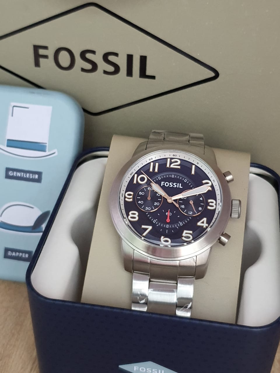 Fossil Pilot 54 Chronograph Navy Blue Dial Silver Steel Strap Watch for Men - FS5203