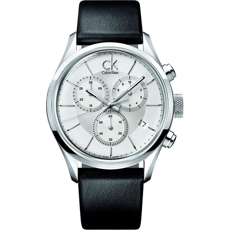 Calvin Klein Masculine Chronograph White Dial Black Leather Strap Watch for Men - K2H27120