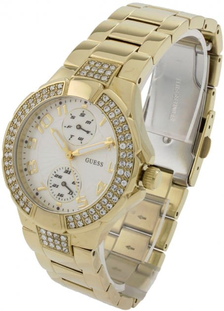 Guess Mini Prism Diamonds White Dial Gold Steel Strap Watch for Women - W15072L1