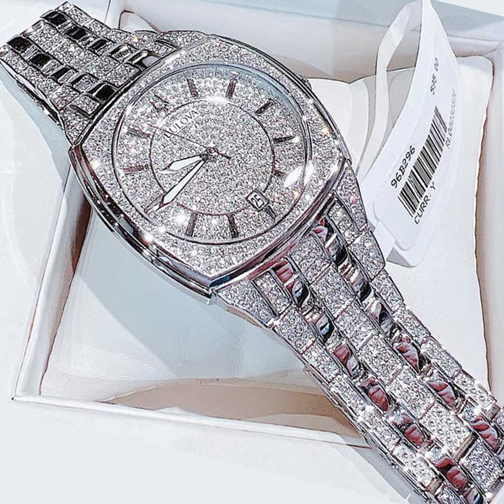 Bulova Phantom Swarovski Crystal Pave Silver Dial Silver Steel Strap Watch for Men - 98B296