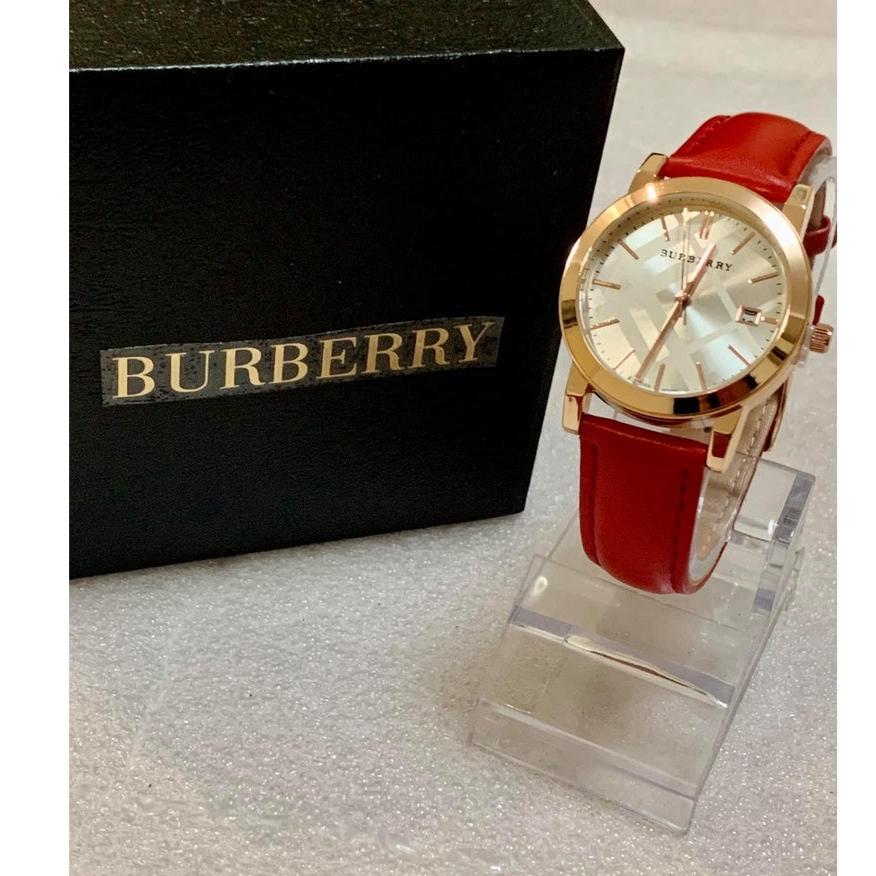 Burberry The City Gold Dial Red Leather Strap Watch for Women - BU9140