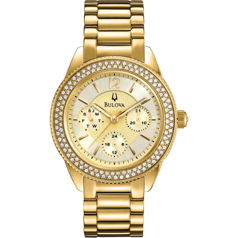 Bulova Multi Function Gold Dial Gold Steel Strap Watch for Women - 97N102