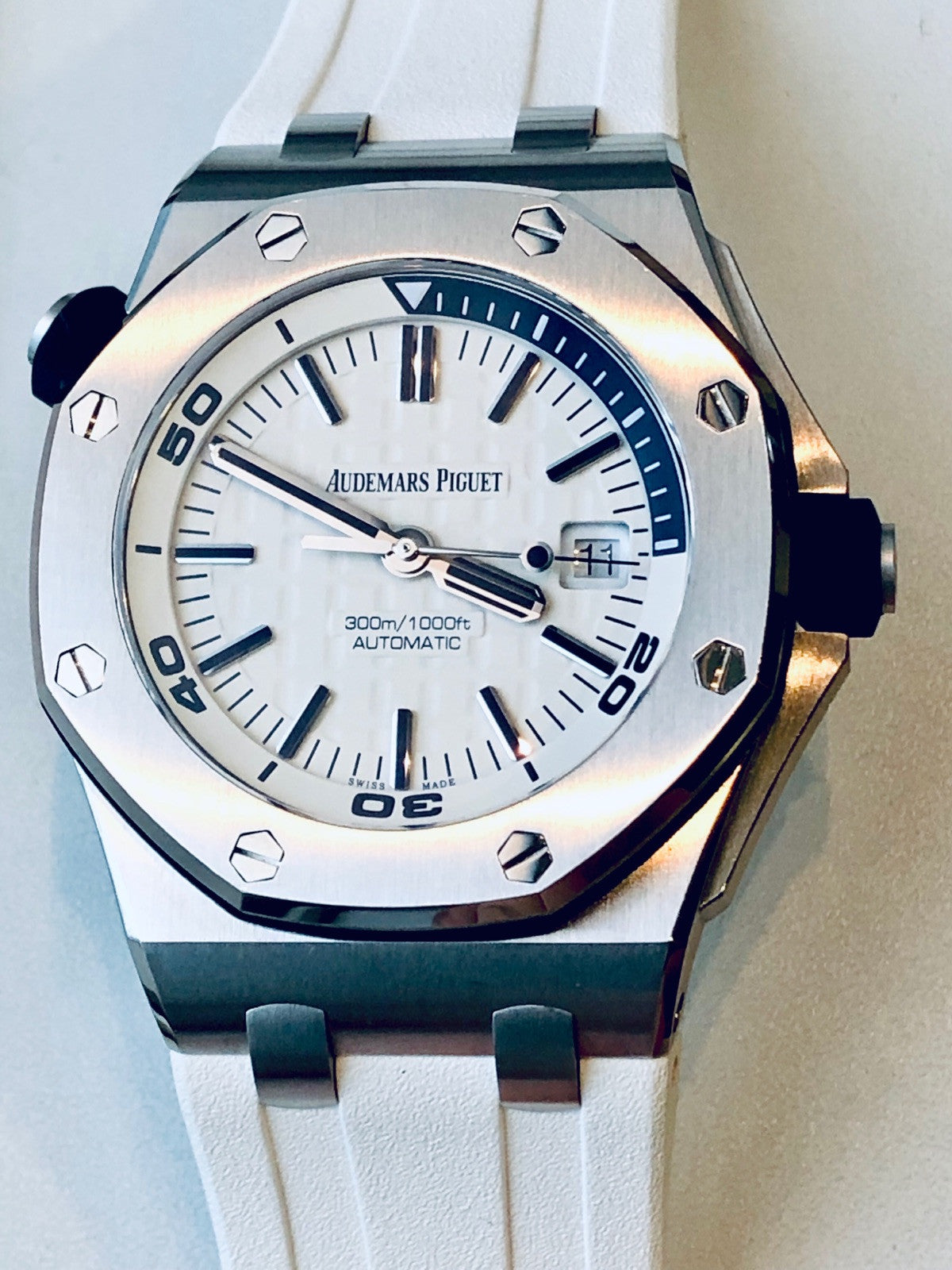 Audemars Piguet Royal Oak Offshore Diver White Dial White Rubber Strap Watch for Men - 15710ST.OO.A010CA.01