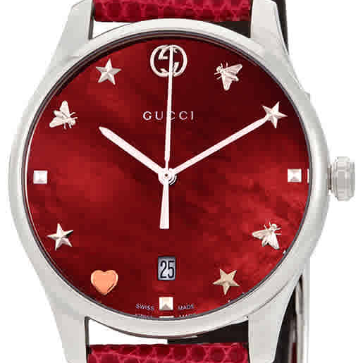 Gucci G-Timeless Quartz Mother of Pearl Red Dial Red Leather Strap Watch For Women - YA1264041