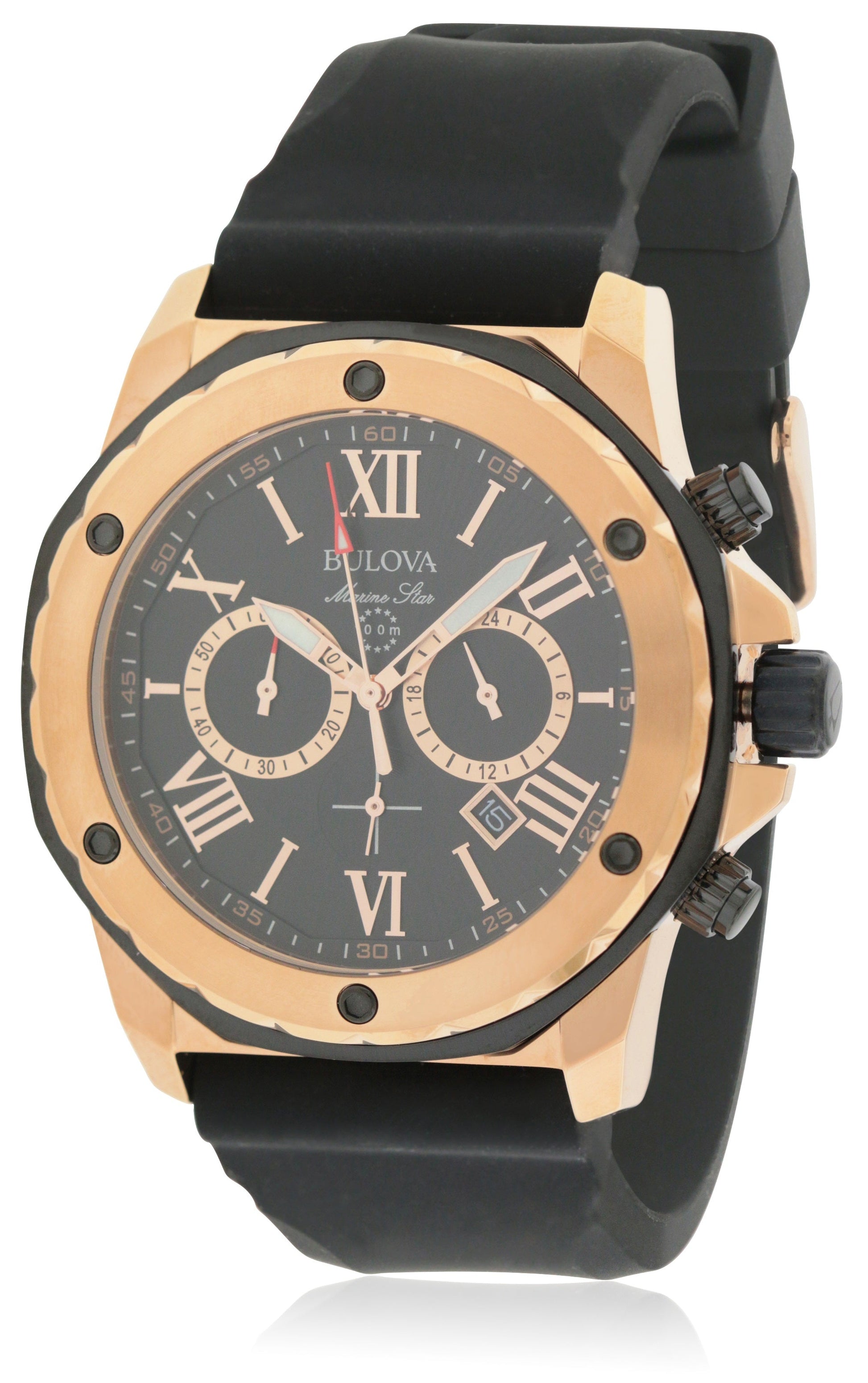 Bulova Marine Star Chronograph Black Dial Black Leather Strap Watch for Men - 98B104