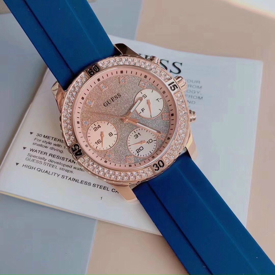 Guess Confetti Diamonds Gold Dial Blue Rubber Strap Watch For Women - W1098L6