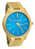 Michael Kors Slim Runway Blue Dial Gold Steel Strap Watch for Women - MK3265