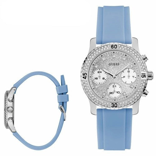 Guess Confetti Crystal  Silver Dial Turquoise Rubber Brand Watch For Women - W1098L3