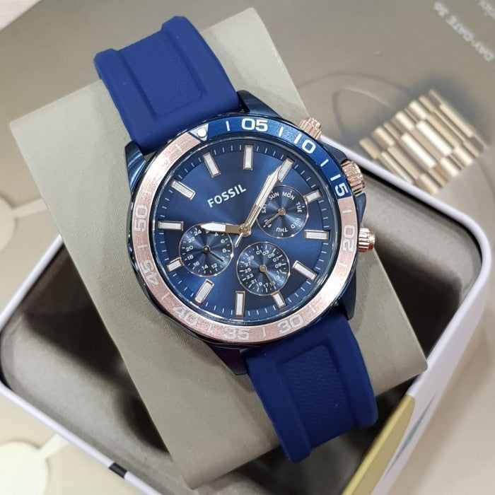 Fossil Bannon Multifunction Blue Dial Blue Silicone Strap Watch for Men - BQ2498