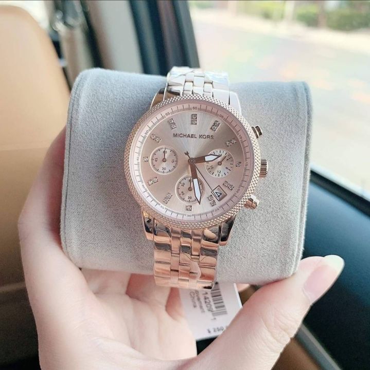 Michael Kors Ritz Chronograph Rose Gold Dial Rose Gold Steel Strap Watch for Women - MK6077