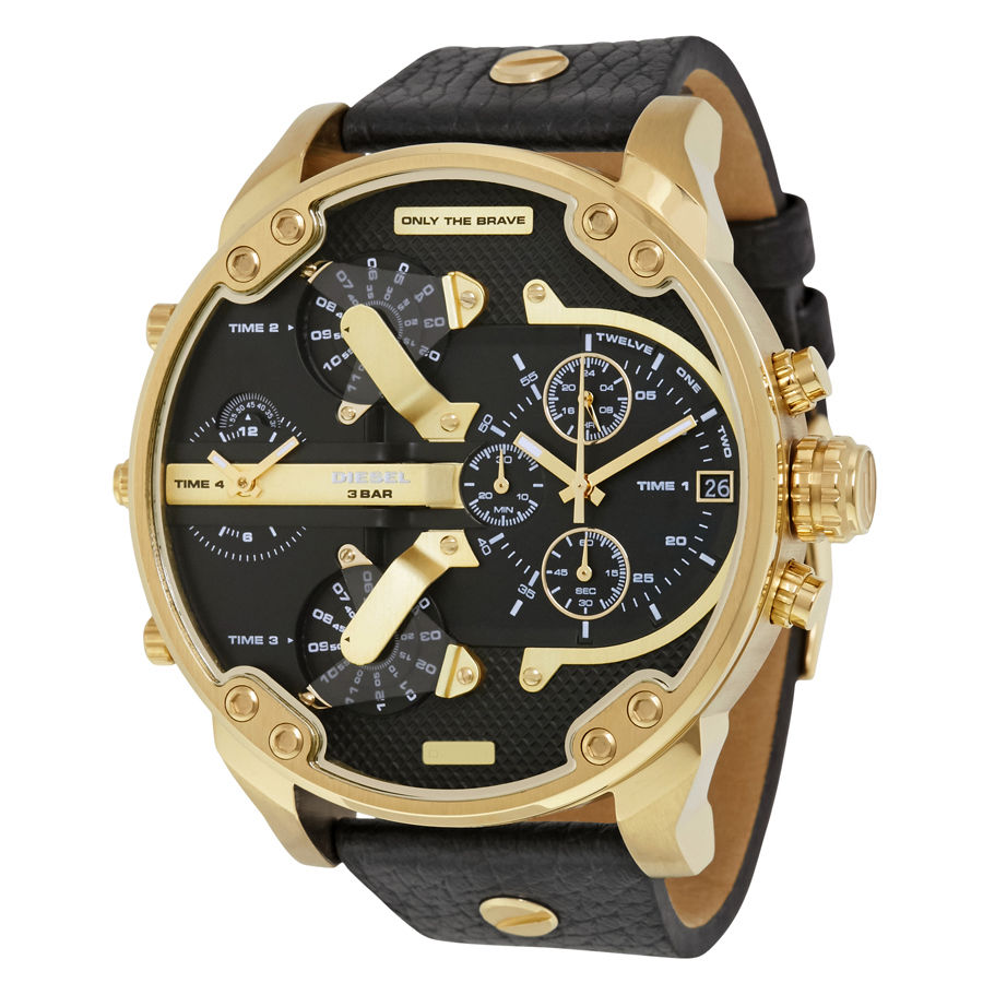 Diesel Mr Daddy Black & Gold Dial Black Leather Strap Watch For Men - DZ7371