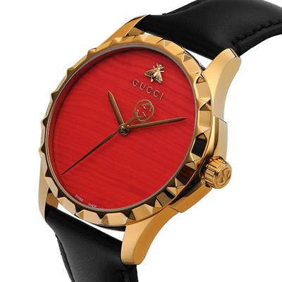 Gucci G Timeless Quartz Red Dial Black Leather Strap Watch For Men - YA126464