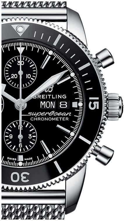 Breitling Superocean Heritage Chronograph 44 Black Dial Silver Mesh Bracelet Watch for Men - A13313121B1A1