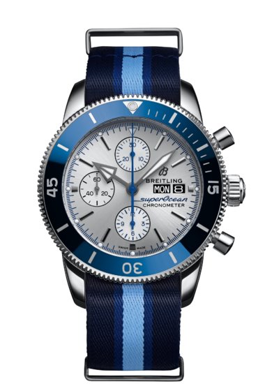 Breitling Superocean Heritage Chronograph 44 Ocean Conservancy Silver Dial Two Tone NATO Strap Watch for Men - A133131A1G1W1