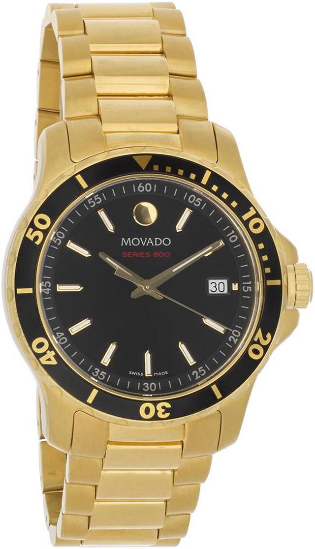 Movado Series 800 Black Dial Gold Steel Strap Watch For Men - 2600145