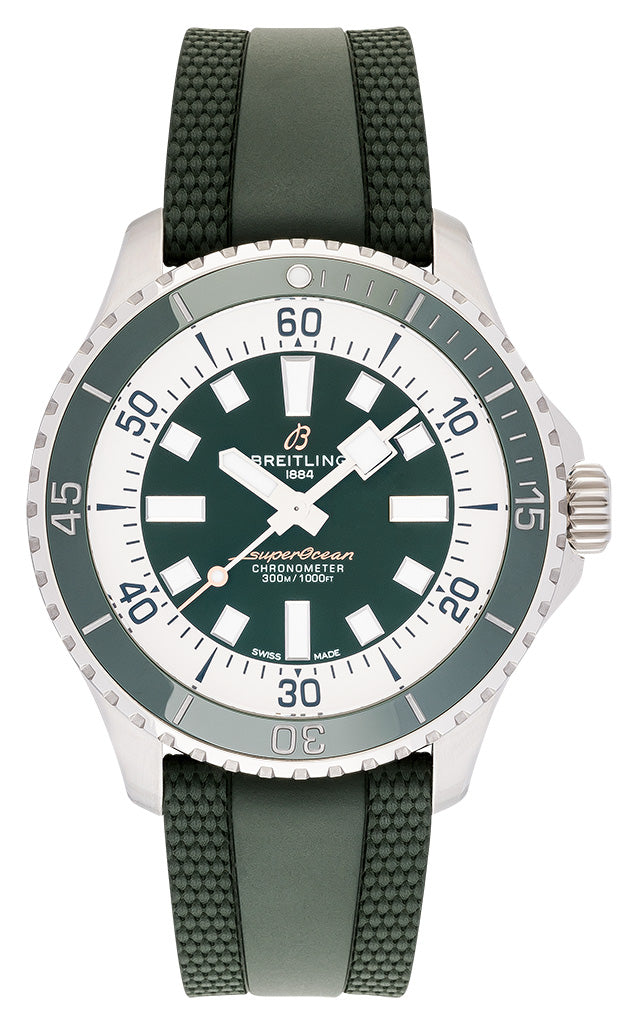 Breitling Superocean Automatic 44 Green Dial Green Rubber Strap Watch for Men - A17376A31L1S1