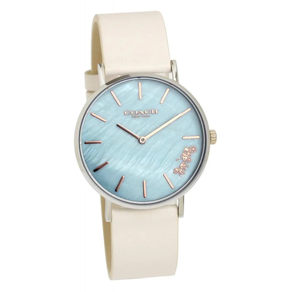 Coach Perry Blue Mother of Pearl Dial White Leather Strap Watch for Women - 14503270