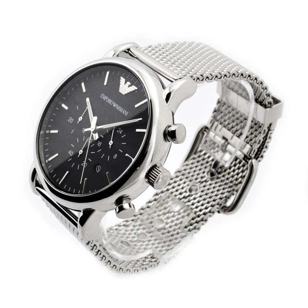 Emporio Armani Classic Chronograph Black Dial Silver Mesh Bracelet Watch For Men - AR1808