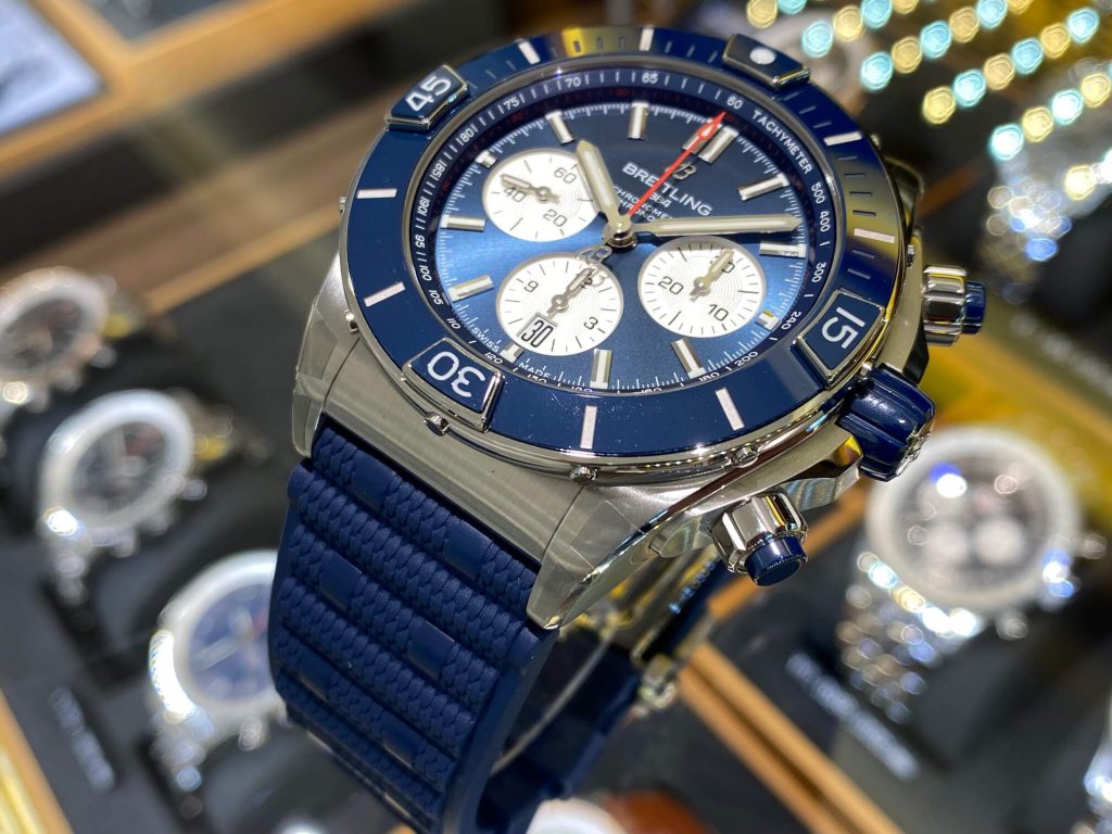 Breitling Super Chronomat B01 44 Blue Dial Blue Rubber Strap Watch for Men - AB0136161C1S1