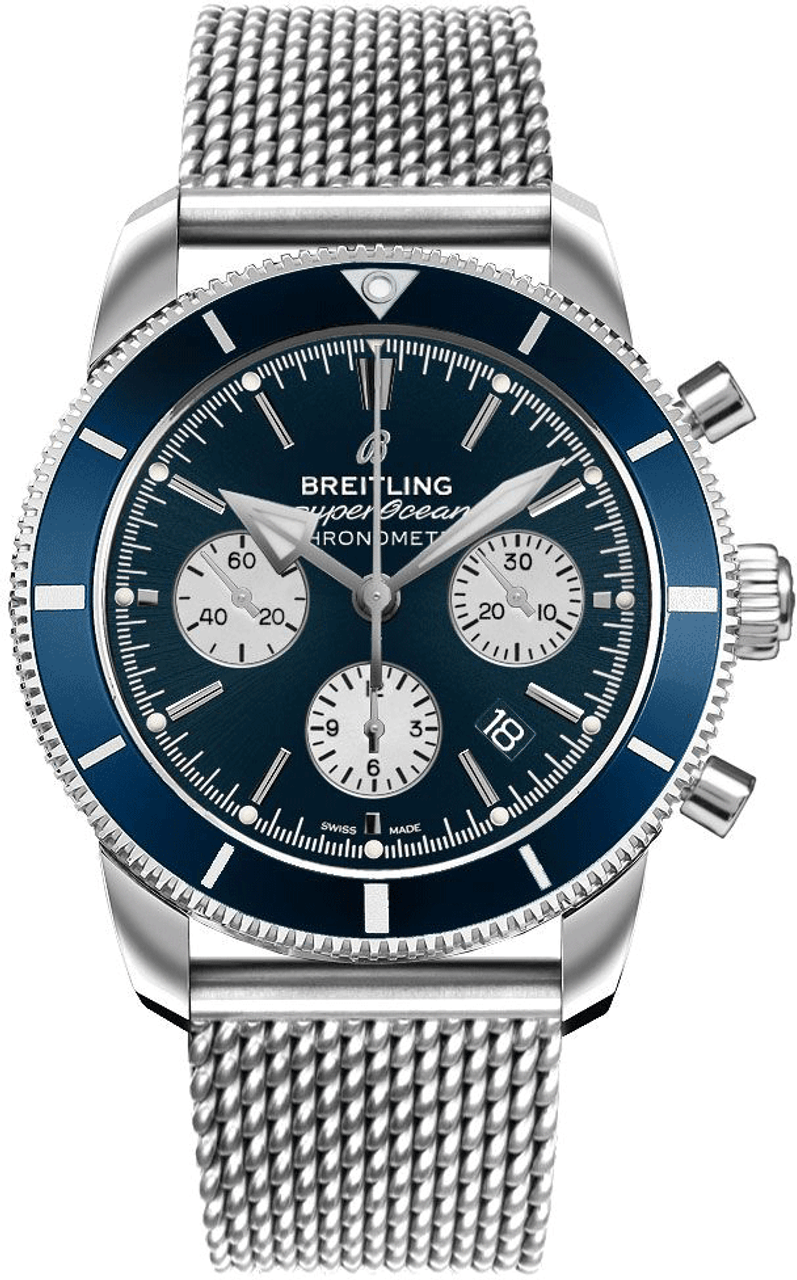 Breitling Superocean Heritage B01 Chronograph 44 Blue Dial Silver Mesh Bracelet Watch for Men - AB0162161C1A1