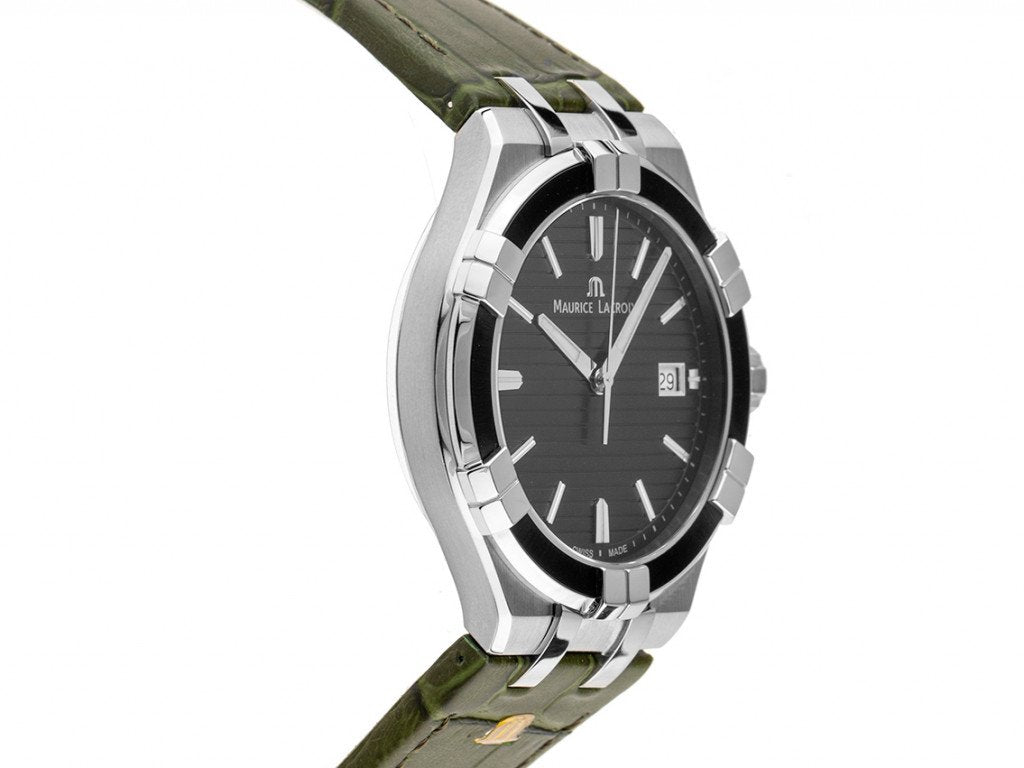 Maurice Lacroix Aikon Quartz Black Dial Green Crocodile Leather Strap Watch for Men - AI1008-PVB21-330-1