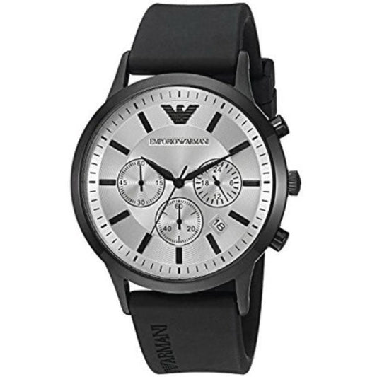 Emporio Armani Chronograph Quartz Silver Dial Black Rubber Strap Watch For Men - AR11048