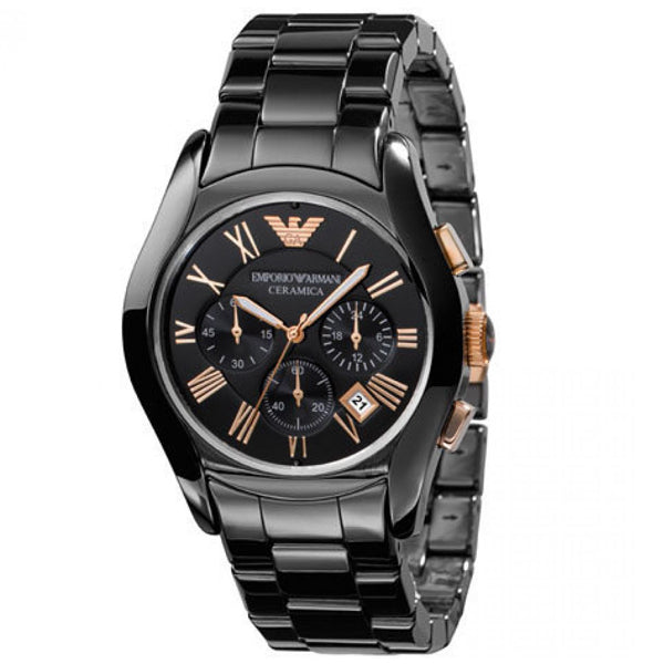 Emporio Armani Valente Ceramica Chronograph Black Dial Black Steel Strap Watch For Men - AR1410