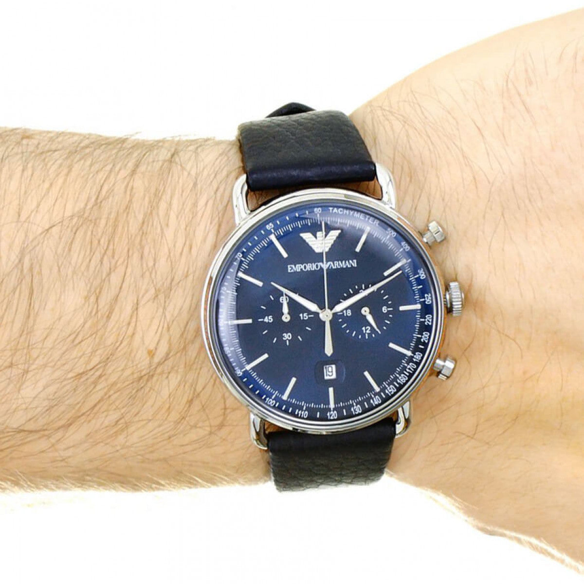 Emporio Armani Aviator Chronograph Blue Dial Blue Leather Strap Watch For Men - AR11105