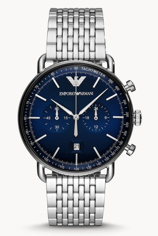 Emporio Armani Aviator Chronograph Blue Dial Silver Stainless Steel Watch For Men - AR11238