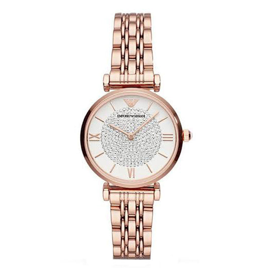 Emporio Armani T-Bar Gianni Crystal Pave Dial Rose Gold Steel Strap Watch For Women - AR11244