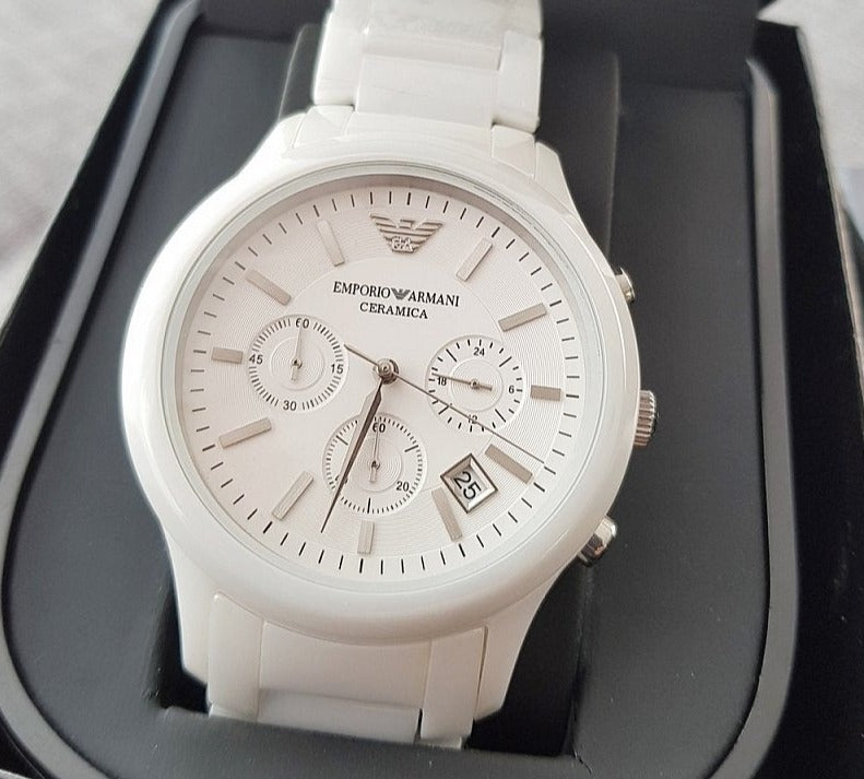 Emporio Armani Ceramica Chronograph White Dial White Steel Strap Watch For Men - AR1453