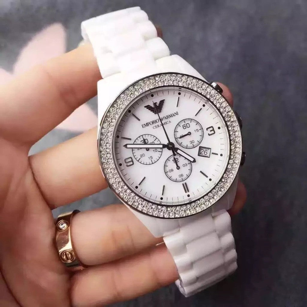 Emporio Armani Ceramica Chronograph White Dial White Ceramic Strap Watch For Women - AR1456