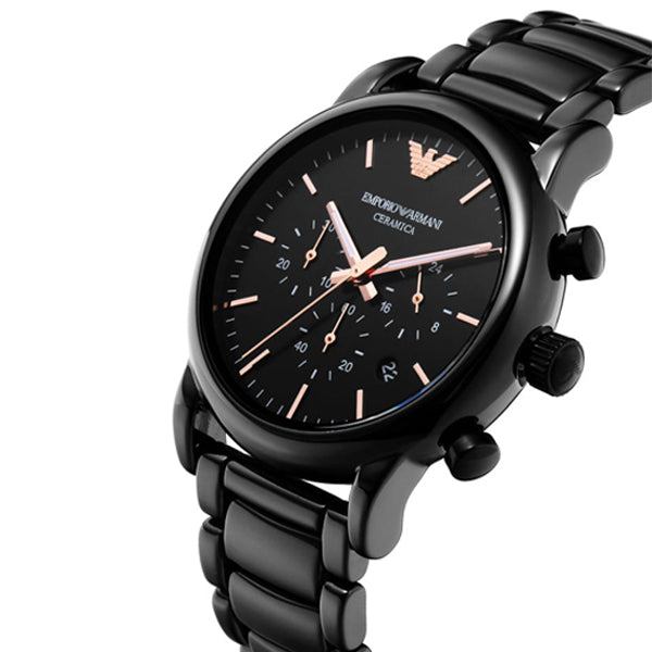 Emporio Armani Luigi Ceramic Chronograph Black Dial Black Steel Strap Watch For Men - AR1509