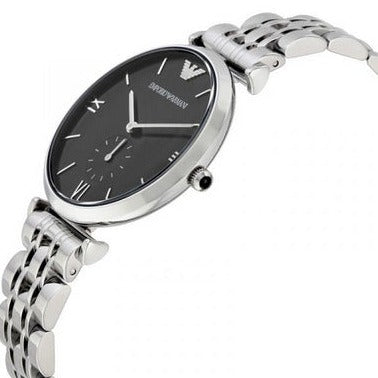 Emporio Armani Retro Black Dial Silver Steel Strap Watch For Men - AR1676