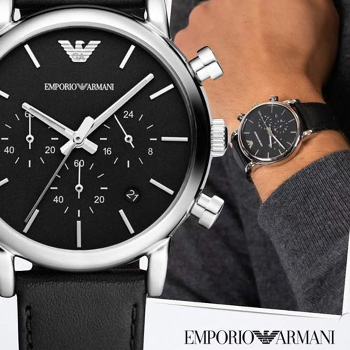 Emporio Armani Classic Chronograph Black Dial Black Leather Strap Watch For Men - AR1733