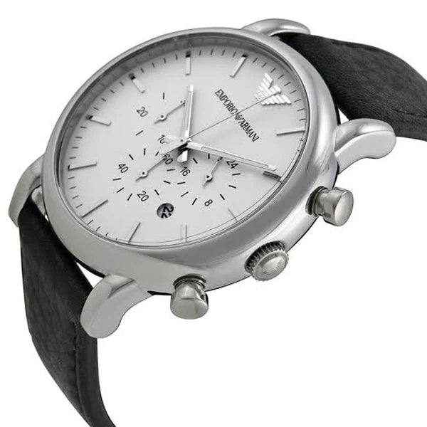 Emporio Armani Classic Quartz Chronograph White Dial Black Leather Strap Watch For Men - AR1807