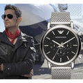 Emporio Armani Classic Chronograph Black Dial Silver Mesh Bracelet Watch For Men - AR1808